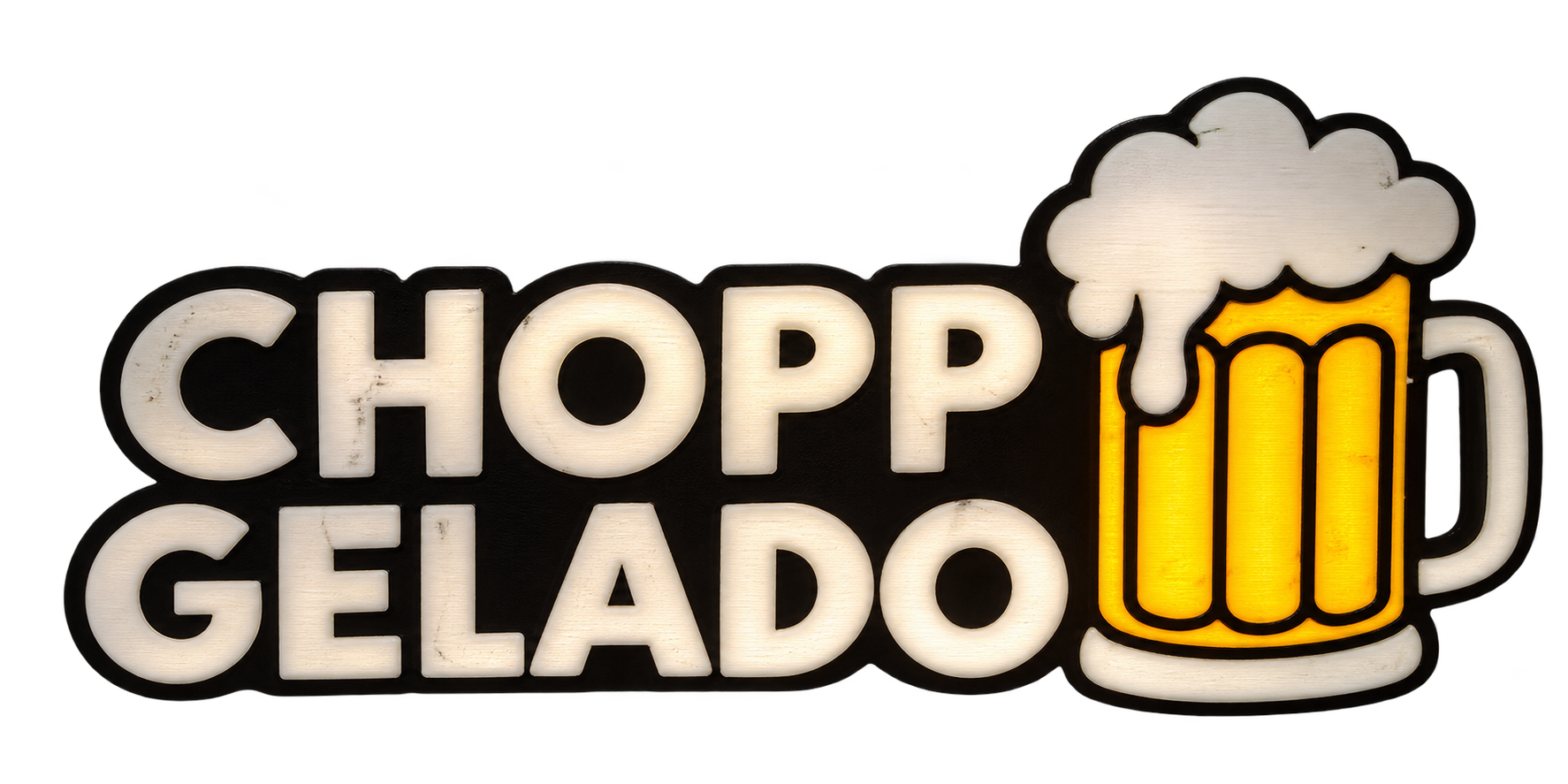 Chopp Gelado iluminado, com letras brancas e caneca amarela
